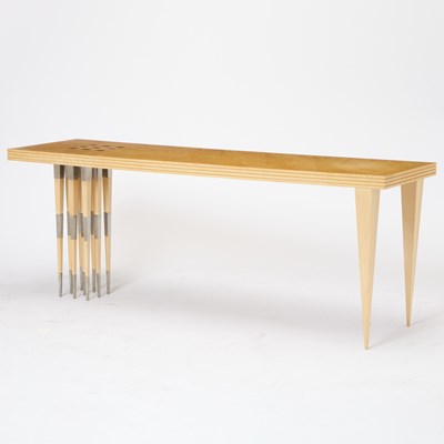 Lot 396 - Niedermaier Inlaid Maple and Stainless Steel "Stiletto" Console Table
