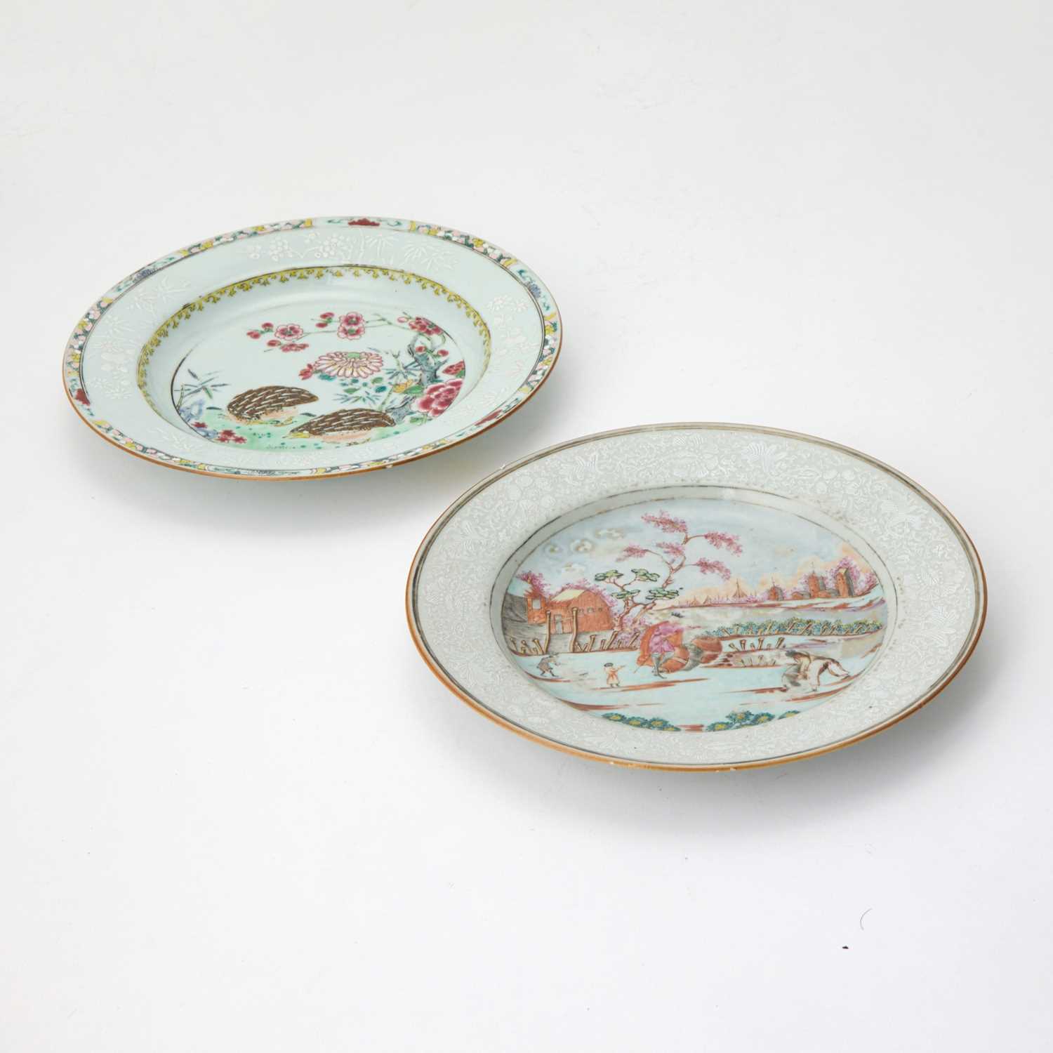 Lot 84 - A Chinese Export Slip-Decorated Enameled Porcelain Dish