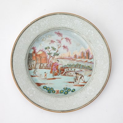 Lot 84 - A Chinese Export Slip-Decorated Enameled Porcelain Dish