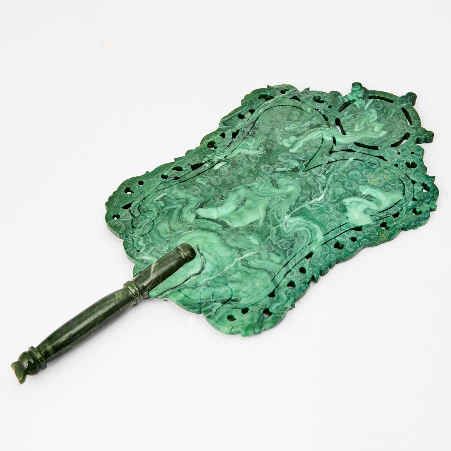 Lot 37 - A Chinese Carved Malachite Fan with a Jade Handle