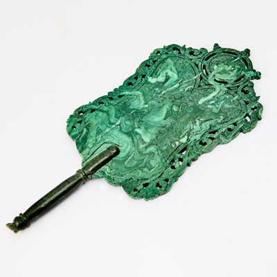 Lot 37 - A Chinese Carved Malachite Fan with a Jade Handle
