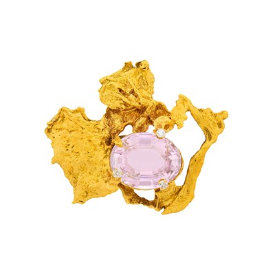 Lot 124 - Ed Wiener Modernist Nugget Gold, Kunzite and Diamond Brooch