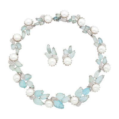 Lot 41 - White Gold, Carved Aquamarine, Freshwater Pearl and Diamond Necklace and Pair of Earclips