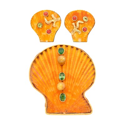 Lot 15 - Marguerite Stix Gold, Shell, Dyed Cultured Pearl and Gem-Set Clip-Brooch and Maz Pair of Earclips