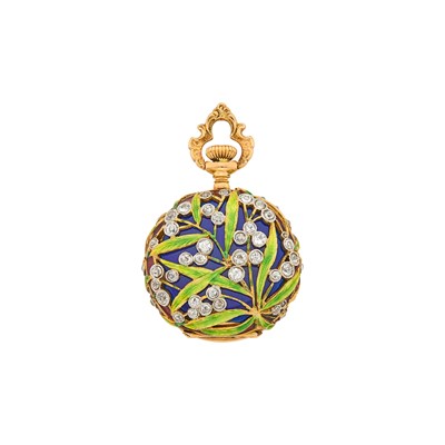 Lot 90 - Art Nouveau Gold, Platinum, Enamel and Diamond Open Face Pendant-Watch
