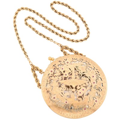 Lot 95 - Boucheron Paris Gold, Silver and Ruby Purse with Rope-Twist Gold Carrying Chain