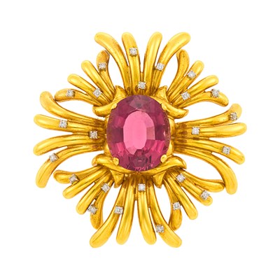 Lot 179 - Gold, Pink Tourmaline and Diamond Clip-Brooch