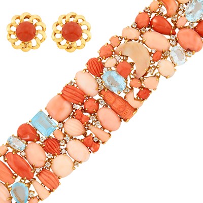 Lot 14 - Wide Gold, Coral, Aquamarine and Diamond Bracelet and Pair of Gold and Coral Earclips