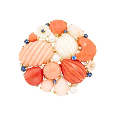 Lot 12 - Gold, Multicolored Coral, Cultured Pearl, Sapphire and Diamond Clip-Brooch