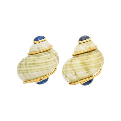Lot 25 - Seaman Schepps Pair of Gold, Shell and Cabochon Sapphire Earclips