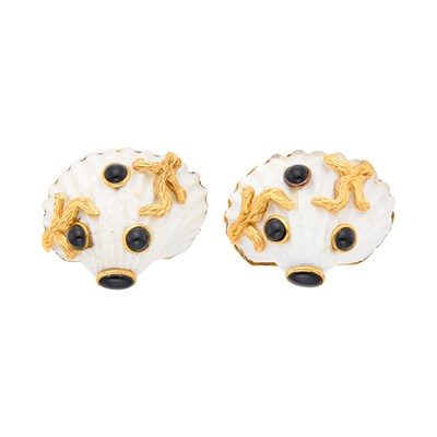 Lot 1028 - Maz Pair of Gold, Shell and Black Onyx Earclips