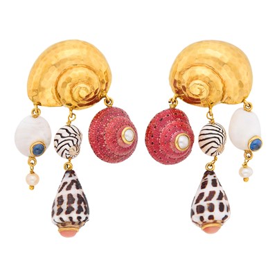 Lot 6 - Maz Pair of Hammered Gold, Shell, Cabochon Sapphire, Angel Skin Coral and Cultured and Split Pearl Pendant-Earclips