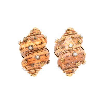 Lot 115 - Maz Pair of Gold, Shell and Split Pearl Earclips