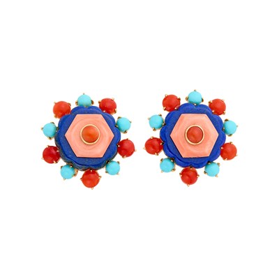 Lot 1196 - Pair of Gold, Coral, Lapis and Turquoise Earclips