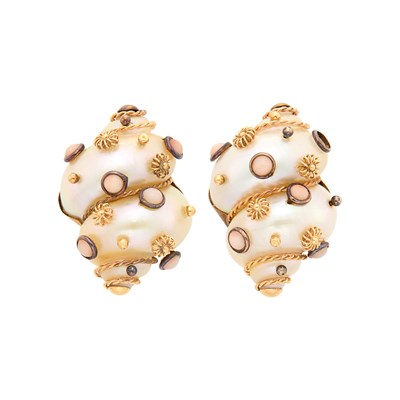 Lot 1025 - Maz Pair of Gold, Shell and Angel Skin Coral Earclips