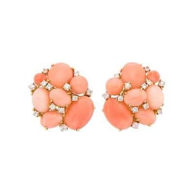 Lot 10 - Pair of Gold, Angel Skin Coral, Aquamarine and Diamond Earclips