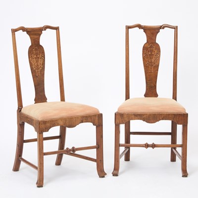 Lot 163 - Pair of Continental Baroque Style Marquetry Inlaid Walnut Side Chairs