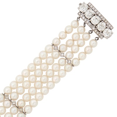 Lot 71 - Four Strand Cultured Pearl, Platinum and Diamond Bracelet