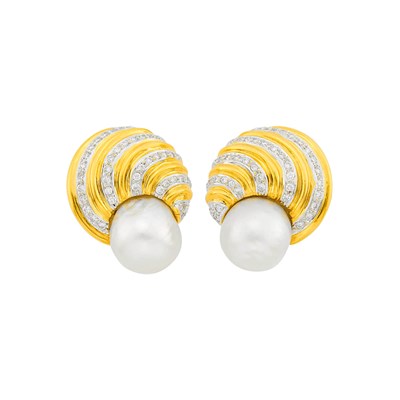 Lot 157 - Pair of Two-Color Gold, Semi-Baroque South Sea Cultured Pearl and Diamond Earclips