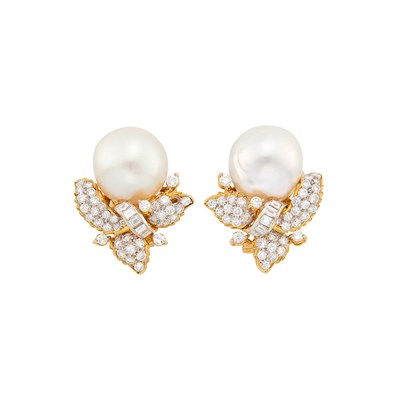 Lot 150 - Pair of Gold, Semi-Baroque South Sea Cultured Pearl and Diamond Eaclips
