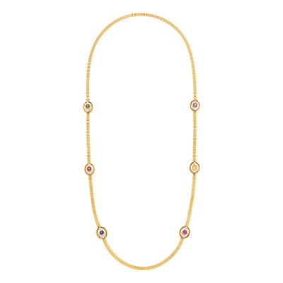 Lot 107 - Boris LeBeau Long Two-Color Gold, Colored Stone and Diamond Necklace