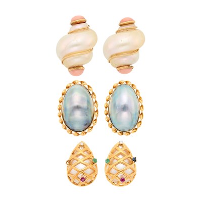 Lot 1177 - Three Pairs of Gold, Shell, Mabé Pearl and Gem-Set Earclips