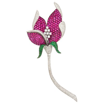 Lot 53 - White Gold, Ruby, Green Garnet and Diamond 'En Tremblant' Clip-Brooch