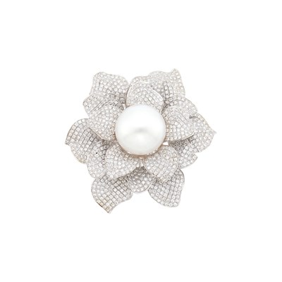 Lot 42 - White Gold, South Sea Cultured Pearl and Diamond Flower Pendant-Brooch