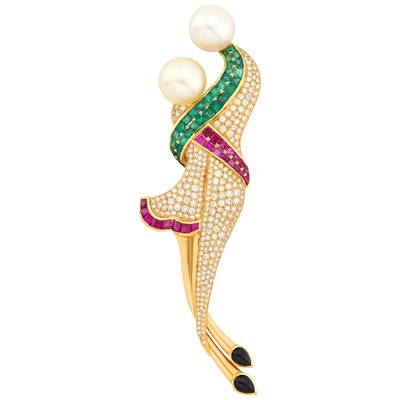 Lot 159 - Gold, South Sea Cultured Pearl, Ruby, Emerald, Diamond and Black Onyx Pendant-Brooch