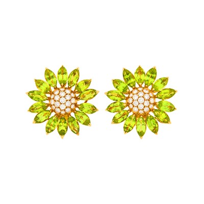 Lot 18 - Asprey Pair of Gold, Peridot and Diamond 'Daisy' Earclips