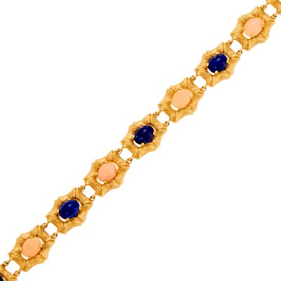 Lot 1023 - Gold, Angel Skin Coral and Lapis Bracelet
