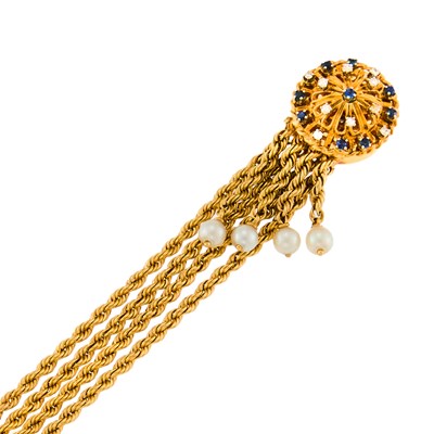 Lot 1118 - Four Strand Gold, Cultured Pearl, Sapphire and Diamond Bracelet