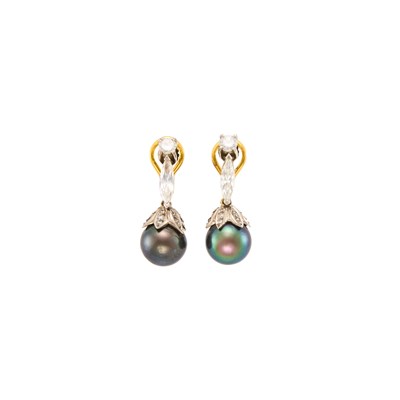 Lot 1158 - Pair of Platinum, Gold, Tahitian Black Cultured Pearl and Diamond Pendant-Earrings