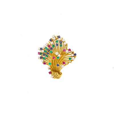 Lot 1031 - Gold, Sapphire, Ruby, Emerald and Diamond Brooch