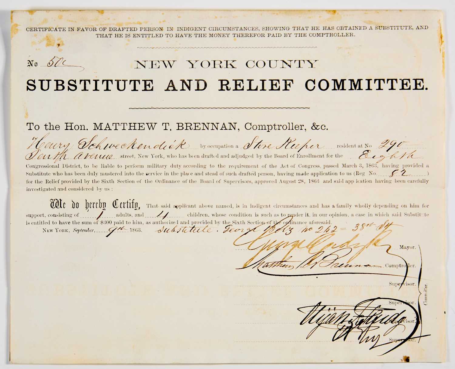 Lot 30 - Civil War draft substitute document signed by William "Boss" Tweed