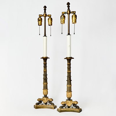 Lot 212 - Pair of Charles X Style Gilt and Patinated Bronze Candlestick Lamps
