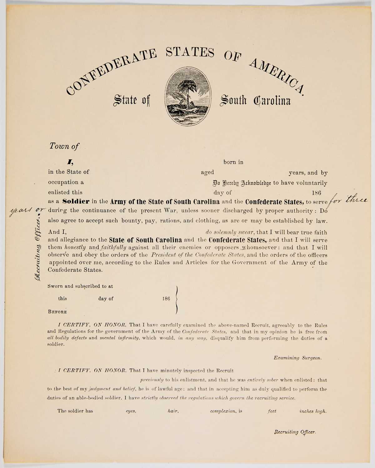 Lot 26 - Confederate enlistment document for the South Carolina Army
