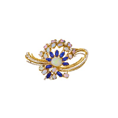 Lot 1017 - Two-Color Gold, White Opal, Lapis and Diamond Clip-Brooch