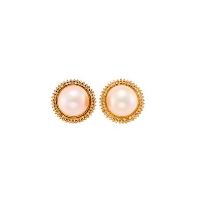 Lot 1026 - Pair of Gold, Mabé Pearl and Diamond Earrings