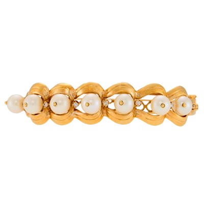 Lot 1134 - Gold, Cultured Pearl and Diamond Bangle Bracelet