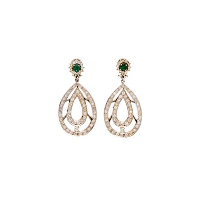 Lot 1074 - Pair of Platinum, Diamond and Emerald Pendant-Earrings