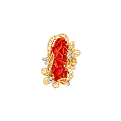 Lot 1147 - Gold, Carved Oxblood Coral and Diamond Ring