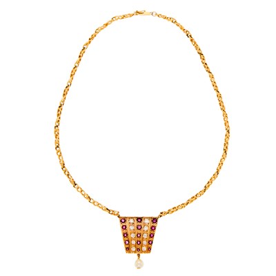 Lot 1144 - Two-Color Gold, Cultured Pearl, Ruby and Diamond Pendant-Necklace