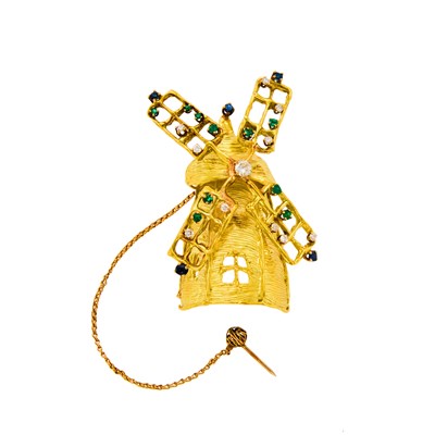 Lot 1149 - Gold, Emerald, Sapphire and Diamond Dutch Windmill Pendant-Brooch