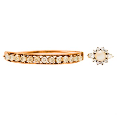 Lot 1137 - Two-Color Gold, Cultured Pearl and Diamond Ring and Rose Gold, Cultured Pearl and Diamond Bangle Bracelet