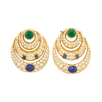 Lot 130 - Pair of Gold, Gem-Set and Diamond Pendant-Earrings