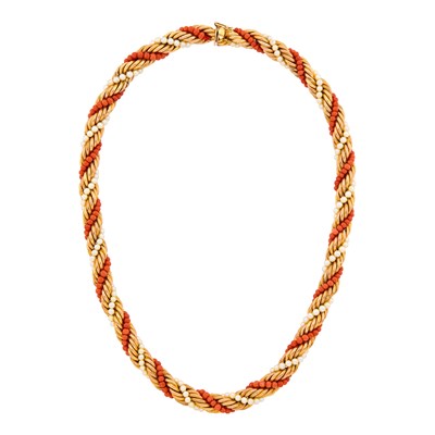 Lot 113 - Gold, Coral Bead and Cultured Pearl Twisted Necklace