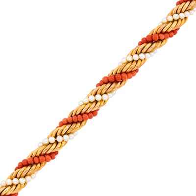 Lot 114 - Gold, Coral Bead and Cultured Pearl Twisted Bracelet