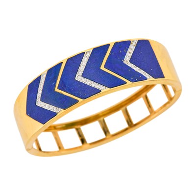 Lot 132 - Two-Color Gold, Lapis and Diamond Cuff Bangle Bracelet