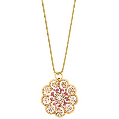 Lot 94 - Gold, Diamond and Ruby Pendant-Brooch with Gold Snake Chain Necklace